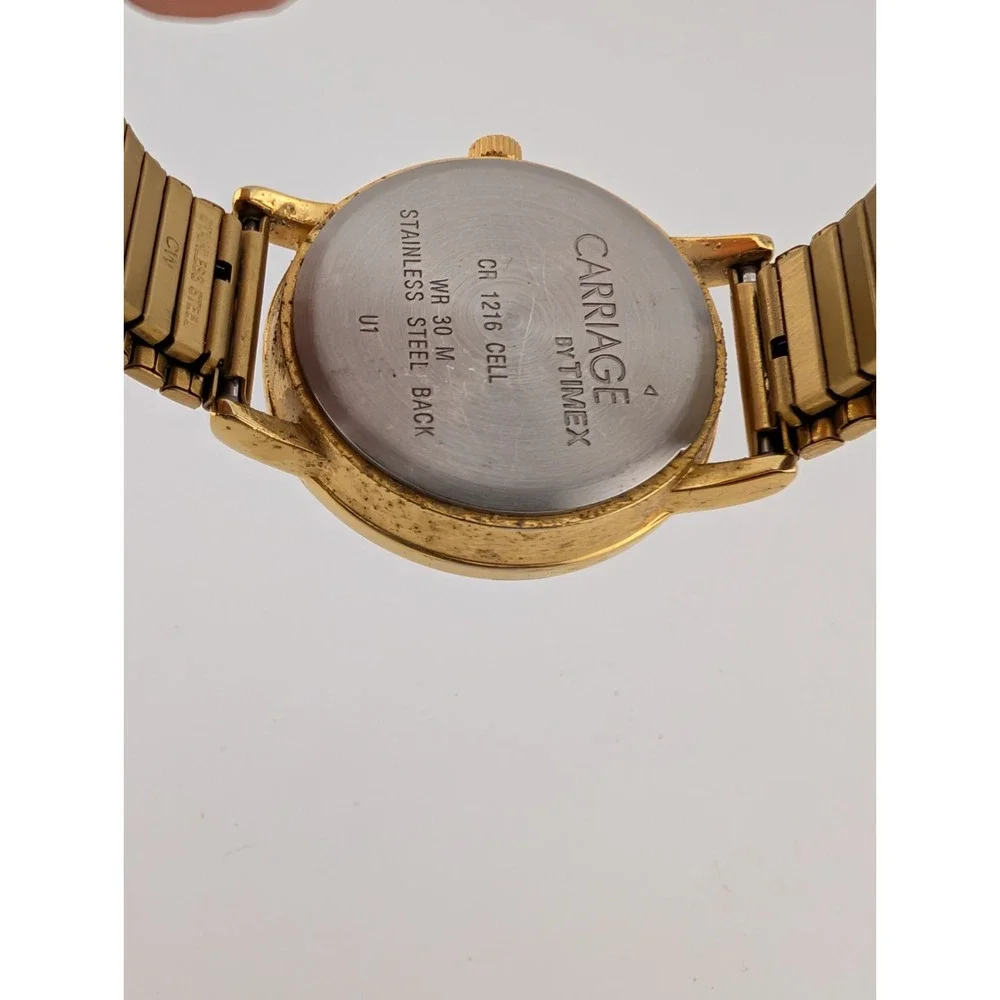 Carriage Timex Watch Women‎ 28mm Case Gold Stretch Band Date- New Battery